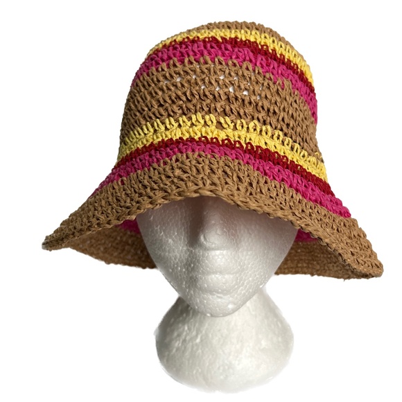 Body Glove Bucket Hat Crochet Pink Yellow One Size Beach Sun Striped - Picture 2 of 7